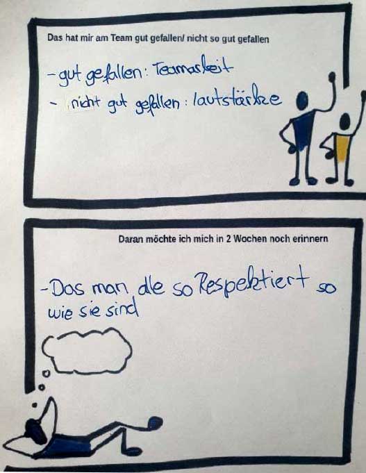 Rückmeldung: Gut gefallen: Teamarbeit. Nicht gut gefallen: Lautstärke. Daran möchte ich mich in 2 Wochen noch erinnern: Dass man alle so respektiert, wie sie sind.